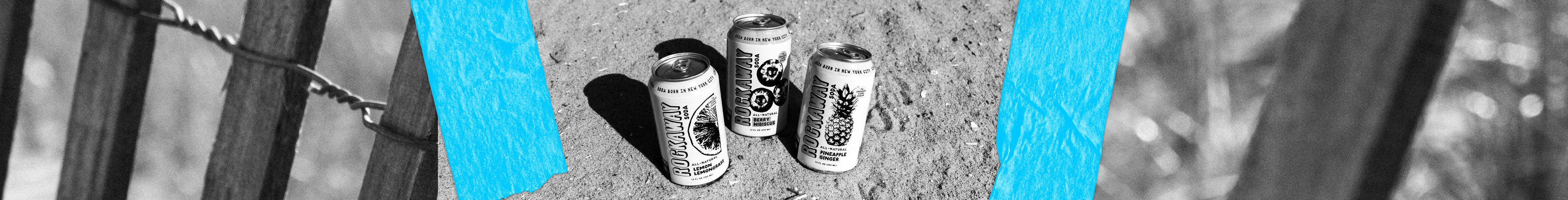 Rockaway cans on the beach with blue tape