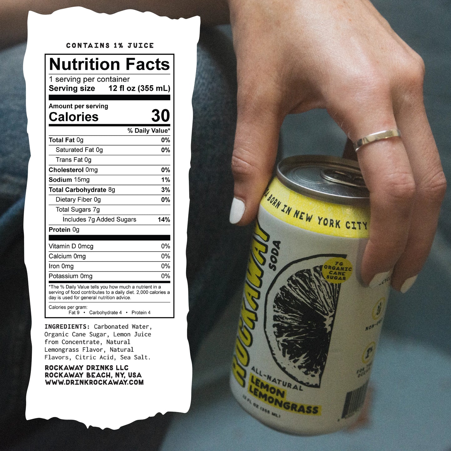 Lemon - Lemongrass Rockaway Can in hand with Nutrition Facts