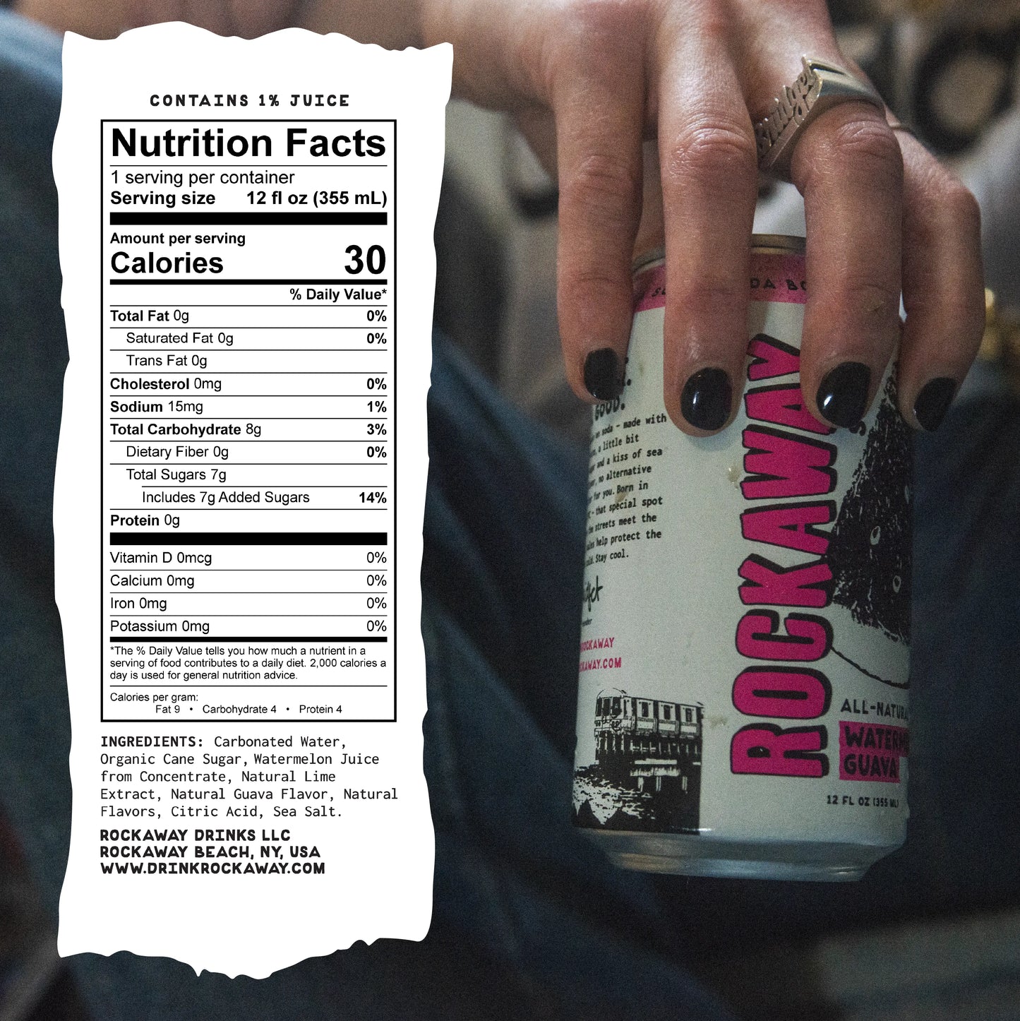 Watermelon Guava Rockaway Soda Can with Nutrition facts.