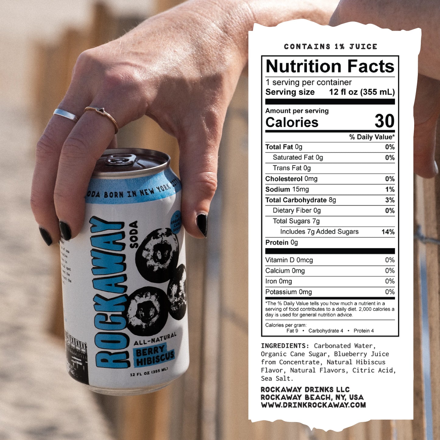 Nutritional Facts and Berry Hibiscus can in hand.