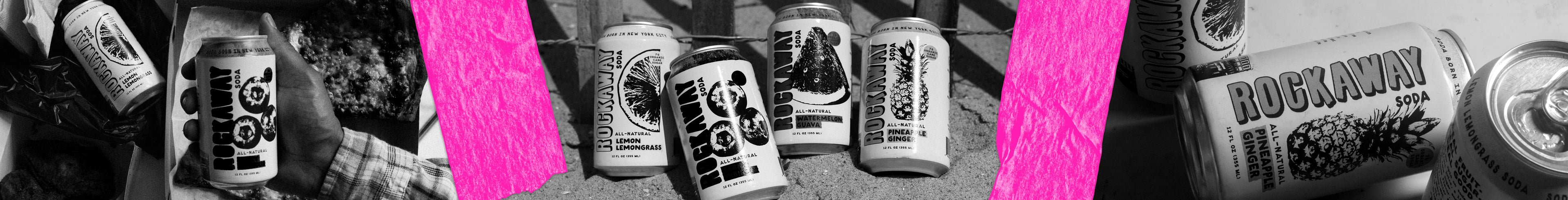 Collage of Rockaway Soda cans with pink tape