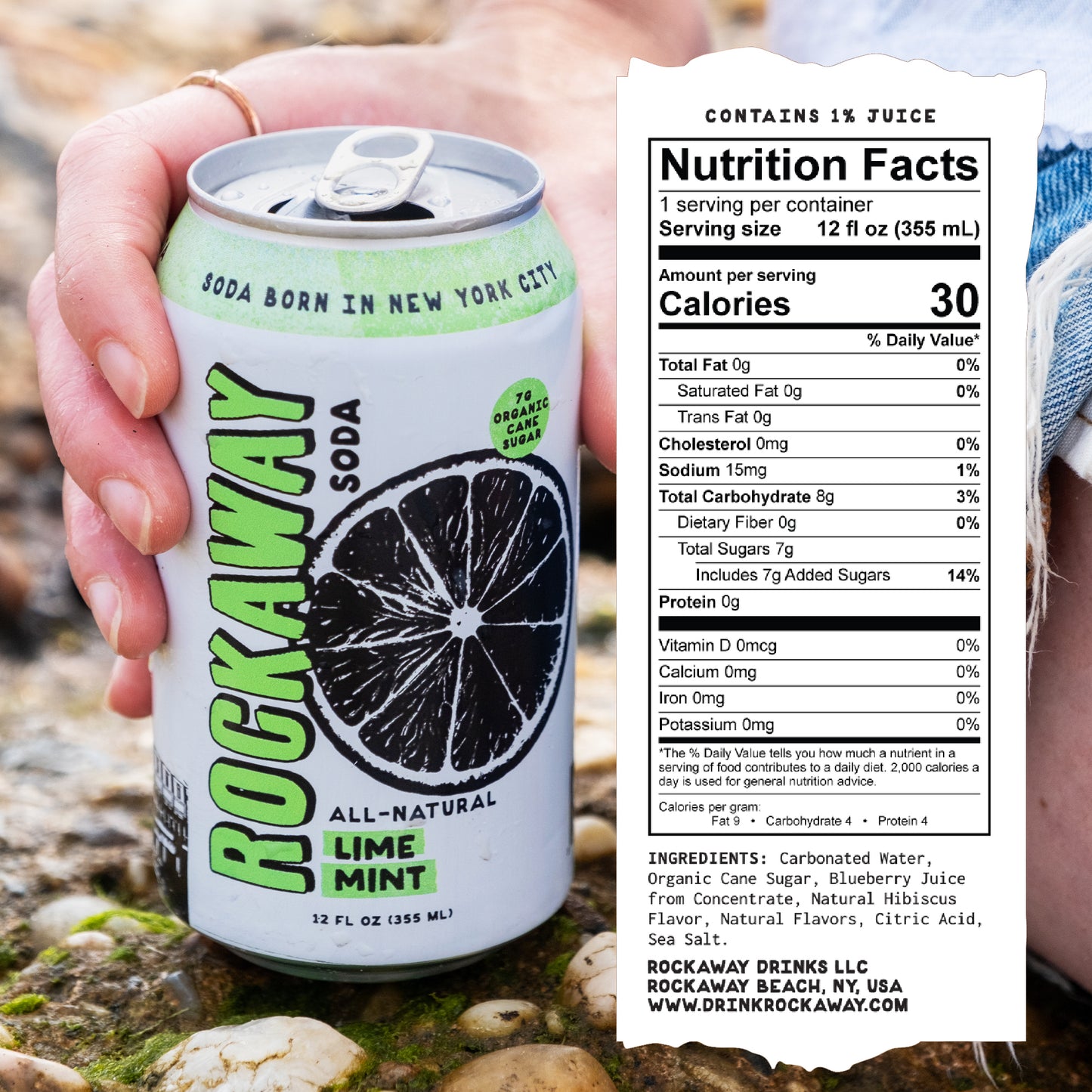 Can of Rockaway Lime Mint soda held by a person with a nutrition facts label displayed.