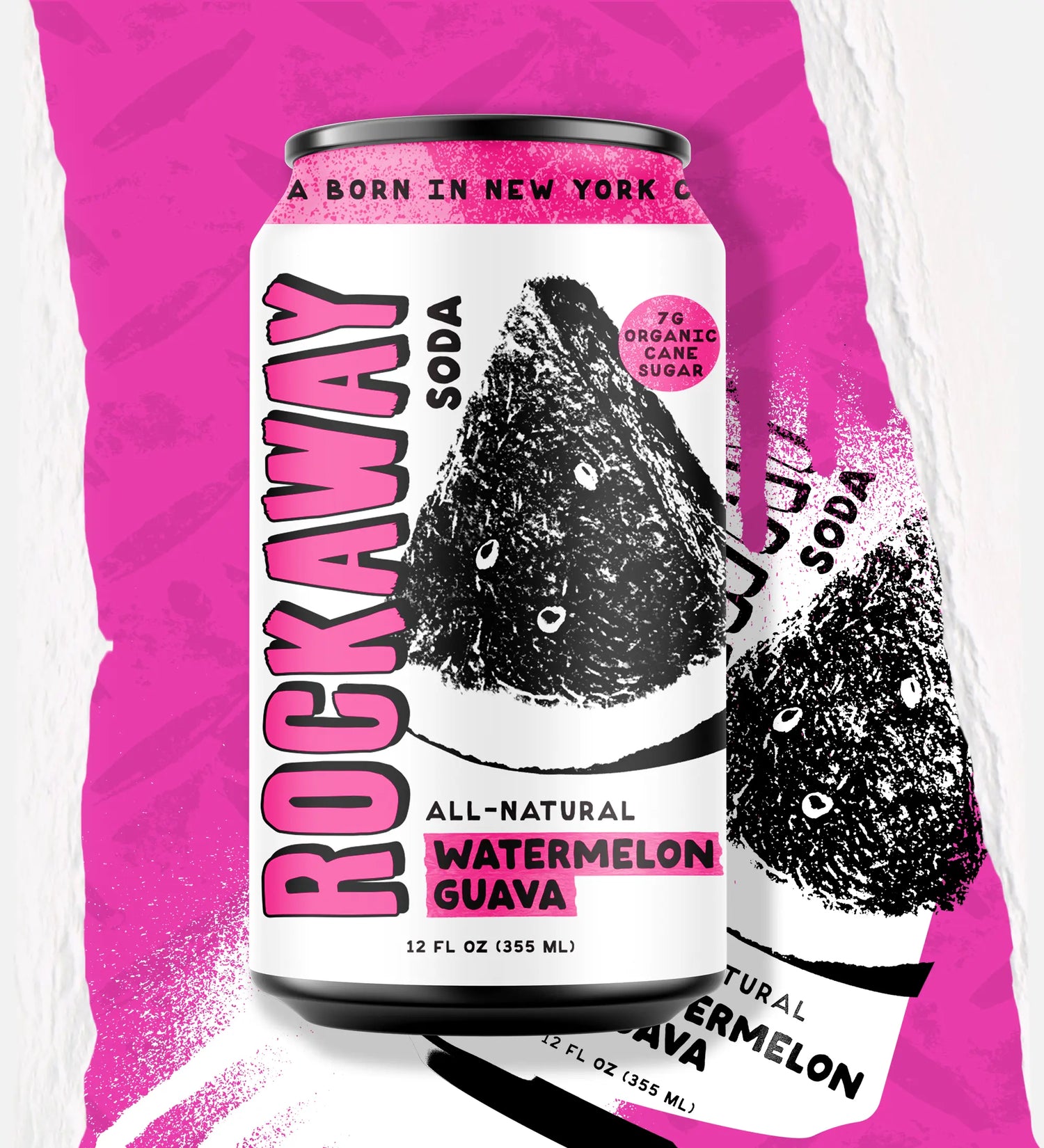 Watermelon Guava Soda Can on pink background.